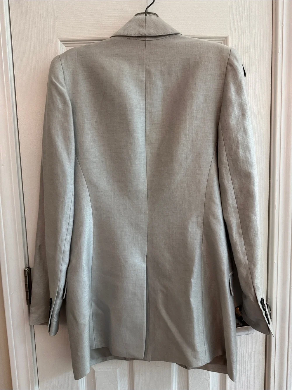 SMYTHE Long Shawl Blazer Metallic Linen Blend Silver Single Button Size 6